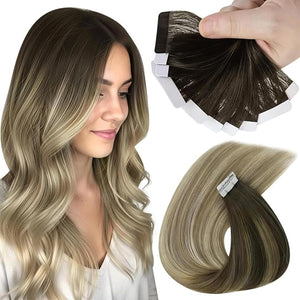 Sunny Invisible Tape in Hair Extensions Human Hair Dark Brown Ombre Golden Blonde Mix Platinum Blonde Tape Hair Extensions Real Human Hair 24inch Tape Hair Extensions 10Pcs 25G