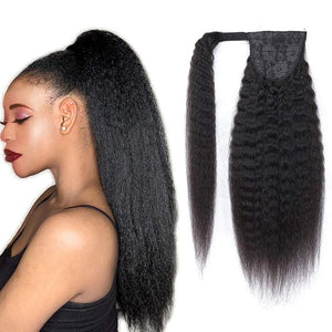 Ponytail Extension for Black Women Magic Paste Ponytail Kinky Straight Human Hair Afro Yaki1B Natural Black Color Brazilian Virgin Human Hair Ponytail Remy Hair Extensions(16 Inches 115g)