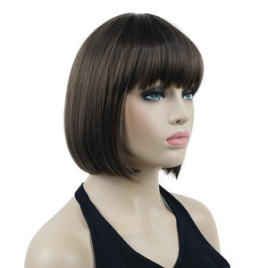 Lydell 8 Straight Short Bob Hair Flat Bangs Cute Central Dot Skin Top Heat Resistant Synthetic Wigs (8 Light Chestnut Brown)