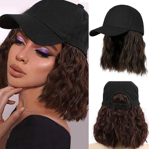 Women's Short Wave Baseball Cap Wig with Curly Hair Extensions Synthetic Wave Wig Adjustable Brown Baseball Hat