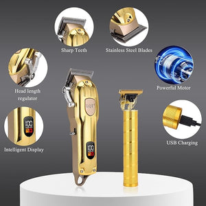 Professional Hair Clipper Set Gold LED Display with Trimmer 8 Guide Combs Barber Shaver Set with Travel Case and Haircut Cape (Gold)