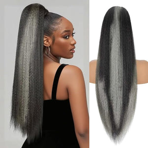 Drawstring Ponytail Extension for Women, 30 Inch Long Yaki Straight Pony Tails Hair Hairpiece Clip in Extensions Natural Looking Soft Synthetic Drawstring Ponytail for Black Women, Black Ombre White