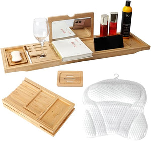 Bathtub Tray Table with Mirror and Bath Pillow Expandable and Foldable Bamboo Bath Tray for Tub Soft and 4D Mesh Bathtub Pillow Luxury Bath Accessories Spa Gifts