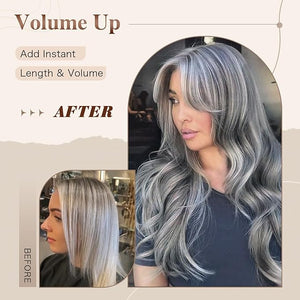 Silver Gray Wigs for Women Long Layered Ombre Gray Highlight Wig Synthetic Light Gray with Curtain Bangs for Black White Women Long Ombre Gray Natural Body Wave Middle Part 24Inch