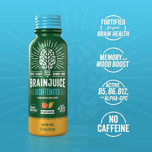 BrainJuice Decaf Brain Support Shot Gluten Free Supplement Shots for Energy &amp Focus Healthy Drinks with Alpha GPC Vitamin B &amp Decaffeinated Green Tea Leaf Peach Mango 2.5 fl oz 12 Pack