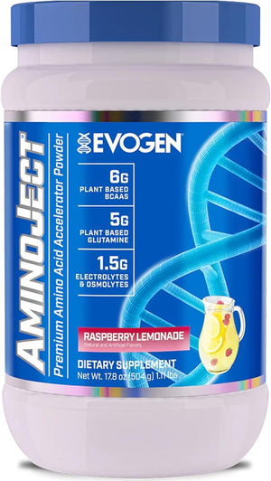 Evogen AminoJect - Premium BCAA Powder &amp EAA Recovery Formula with Electrolytes | Amino Acids Supplement for Muscle Growth Hydration &amp Recovery | Raspberry Lemonade | 30 Servings