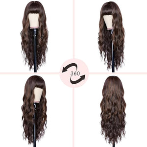 NAYOO Brown Wigs with Bangs for Women Long Curly Wavy Hair Wigs Heat Resistant Synthetic Fiber Wigs for Daily Party Use 26 Inches (Dark Brown Mixed Light Brown)