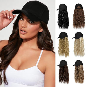 Hat Wig for Women Baseball Cap with Hair Extensions Adjustable Hat Attached 24 Long Wavy Hairpieces Synthetic Wig Dark Brown