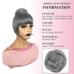 Grey Bun &amp Bangs Set 2PCS - Quick Clip in Ponytail Bun with Bang M Size Updo Twist Braided Chignon Scrunchie Hair Piece for Black Women