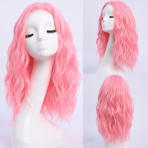 Medium Length Pink Wigs for Women 18 Inch Middle Part Wavy Pink Wig Natural Looking Synthetic Heat Resistant Fiber Wig for Daily Party Use (18 inch)