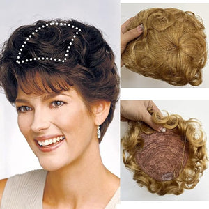 Short Curly Real Human Hair Topper with Front Bangs for Women,Breathable Wiglets Hairpieces 5.1x5.5 Large Coverage Women Toupee Clip in Top Wavy Hair Pieces Topper(7",Dark Strawberry Blonde)