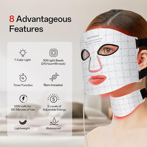 Red Light Mask for Face and Neck - Facial Skin Care Device Portable Lightweight Rechargeable and Ergonomic Design for Home (White)