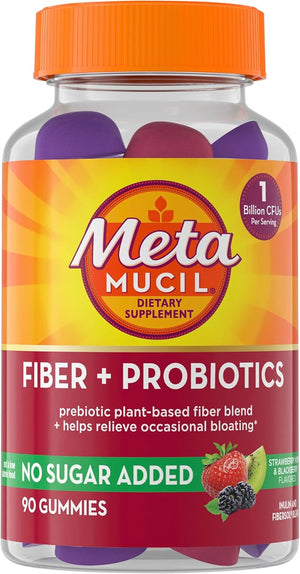 Metamucil Fiber Gummies for Adults with Probiotics for Bloating Relief No Sugar Added Strawberry Kiwi BlackBerry Flavors 5g Prebiotic Plant Based Fiber Supplement Blend 90 Count