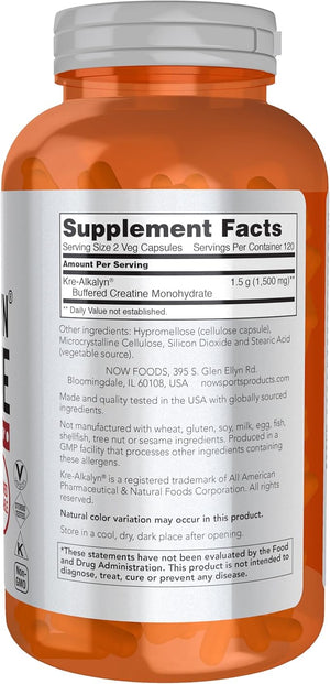 NOW Foods Sports Nutrition Kre-Alkalyn Creatine 750 mg Mass Building*/Energy Production* 240 Veg Capsules