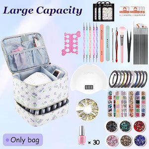 CTWWFS Nail Polish Organizer and Nail Lamp Case, Nail Kit Organizer Holds 30 Bottles (15ml - 0.5 fl.oz) and a Nail Lamp, Nail Polish Carrying Case with Manicure Tools Storage Sections (Purple Flower)