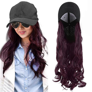 SEGO Baseball Cap with Hair Extensions for Women Heat Resistant Synthetic 16 Inch Adjustable Long Wavy Hairpiece Replacement Wigs in Hat for Girls99J