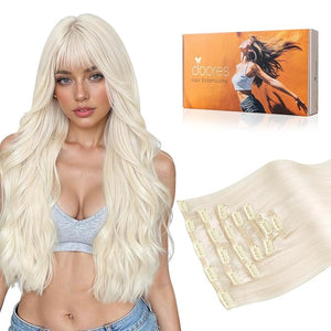 DOORES Human Hair Extensions Clip in, White Blonde 120g 7pcs 16 Inch, Remy Clip in Hair Extensions for Women Natural Thick Weft