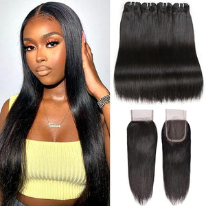 Liang Dian Straight Bundles with closure human hair 16 16 18 18 +16 Inch Human Hair Bundles with Closure HD Lace100% Unprocessed 12A Brazilian Virgin Quick Weave Hair Natural Color