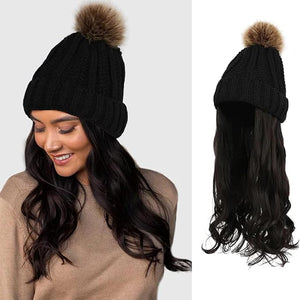 Women Winter Beanie Hat with Big Wavy Curly Hair Knit Attached ski snow Cap wig for Party Daily Weddings