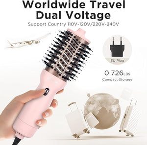 Aima Beauty Worldwide Travel Hair Dryer Brush 110V-240V Dual Voltage Blow Dryer Brush Hot Air Brush with Oval Barrel 360¡Æ Hot Airflow Negative Ionic Frizz-Free Drying/Straightening/Voluming Pink