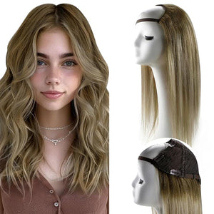 RUANTURE U Part Human Hair Wig 20 Inch U Part Human Hair Wig Brown Omber 150% Density Looks Natural in Daily Wearing Add Hair Thickness for Women #3/8/22 Dark Brown Balayage Light Blonde