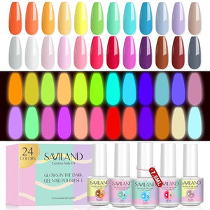 SAVILAND Glows in The Dark Nail Polish Set 24 Holiday Brighrly Colors Luminous Quicking-drying U V Neon Gel Nail Polish Set Reflective Glow Effect Full Coverage Easy to Use Gel Polish Holiday Gifts