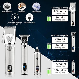 Professional Hair Clippers for Men, Electric Cordless Clippers and Trimmers Set, Nose Hair Beard Trimmer, Hair Cutting Barber Clippers with Guards, T Liners Edgers Clippers for Mens (Silver)