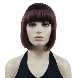 Lydell 8 Straight Short Bob Hair Flat Bangs Cute Central Dot Skin Top Heat Resistant Synthetic Wigs (33A Dark Auburn)