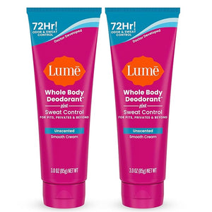 Lume Whole Body Deodorant Plus Sweat Control - Smooth Cream Tube - 72 Hour Odor And Sweat Control - Baking Soda Free Skin Loving - 3.0 ounce (Pack of 2) (Unscented)
