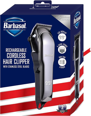 Barbasol Rechargeable Hair Clippers, Professional &amp; Home Haircut Clippers for Men, Rust-Free Low-Heat Ceramic Blades, 6 Clipper Guard Combs, Adjustable Taper, LCD Display, Black