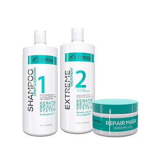 UNNIQUE Extreme Keratin Treatment Kit - 32 FL Oz Frizz Control with Clarifying Shampoo, Brazilian Smoothing Solution &amp; Deep Repair Mask for Damaged, Dull Hair