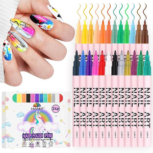 EBANKU 24 Colors Waterborne acrylic ink Nail Art Pens Set, 0.7MM Nail Polish Pens Quick-Drying Acrylic Paint Pen Point Dotting Liner Pen Nail Drawing Painting Manicure Tools for 3D Salon Home Nail DIY