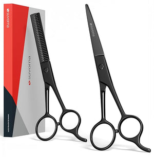 Suvorna 6.5 Professional Hair Scissors Set with Thinning Shears for Hair Dressers Barbers and Professionals - Extremely Sharp Hair Cutting Scissors Set for Thinning Layering and Cutting (Black)