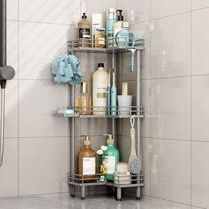 HapiRm Corner Shower Caddy Standing - 3 Tier Shower Organizer Corner with Soap Holder Rustproof Bathroom Standing Organizer with 4 Hooks Grey