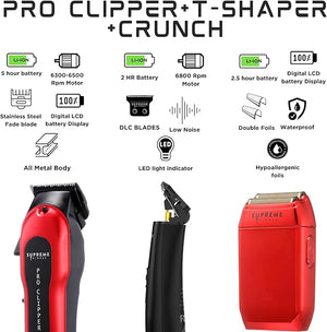 Supreme Trimmer 3-in-1 Barber Bundle | Pro Clipper, DLC T-Shaper Trimmer &amp; Crunch Foil Shaver | Professional Beard Trimmer Men¡¯s Hair Clipper Kit | Red
