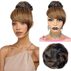 Large Hair Bun and Bang Set 2PCS - Brown Black Highlight Braided Bun N Bang Clip-in Updo Bride Chignon Fringe Ponytail with Swoop Side Bangs Hair Piece for Black Women - 2H30 (Chestnut Brown)