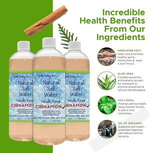 3 Pack Natural Saltwater Mouth Rinse | Himalayan Pink Salt Water Oral Rinse | Organic Cinnamon Flavor Fluoride &amp Alcohol Free Mouthwash for Fresh Breath | Natural Gum Care Mouthwash-16 FL Oz