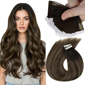 Sunny Hair Tape in Hair Extensions Real Human Hair Invisible Remy Hair Extensions Tape ins for Women Darkest Brown Ombre Medium Brown Balayage 18 inch 25G