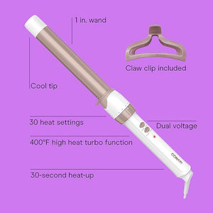 Conair Double Ceramic 1-Inch Curling Wand with Claw Clip Produces Flawless Waves Curling Iron for Use on Medium and Long Hair 30 Heat Setting Curling Iron White