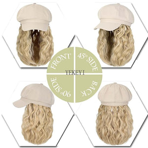 YEKEYI Beret Hat with Hair Newsboy Cap with Bob Hair Extensions Hat Wig Visor Beret Short Curly Wavy Hairpiece for Women