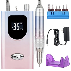 Delanie Professional Nail Drill High Torque 35000 RPM Rechargeable Portable Electric Nail File Filer for Acrylic Gel with Cuticle Bits Salon Manicure Tool Gradient Pink