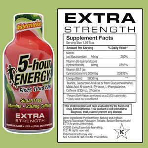 5-hour ENERGY Extra Strength Energy Shot Watermelon Flavor 1.93 oz. 30 Count Zero Calories &amp Sugar-Free 230 mg Caffeinated Energy Shot Amino Acids &amp B Vitamins Dietary Supplements