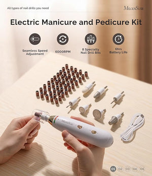 MelodySusie Professional Manicure Pedicure Kit Cordless 8-in-1 Electric Nail Drill with 20 Speeds Rechargeable E-File for Thick Nails &amp Cuticles Ideal Foot Care for Women Men-PC650E (White Gold
