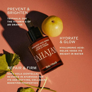 Sahajan Radiance Vitamin C Face Serum with Centella + Hyaluronic Acid | Clinically-Proven Clean Ayurvedic Anti-Aging Facial Serum | All Skin Types | Fine Lines &amp; Wrinkles | 1 fl oz