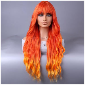 BERON Orange Wigs Women Long Wavy Flame Fire Colored Wig with Bangs 26 Inches Curly Synthetic for Cosplay Party Wigs Wig Cap Included