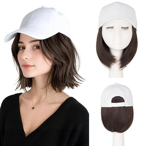 SEGO Baseball Cap with Hair Extensions for Women Heat Resistant Synthetic 6 Inch Adjustable Short Straight Hairpiece Replacement Wigs in White Hat for Girls,06A