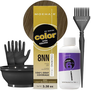 MOEHAIR Hair Coloring Kit | 8NN Permanent Hair Color (Light Blonde Intense) 20 Volume Developer 6% Coloring Brush Gloves &amp Mixing Bowl | Keratin Infused Color | Gray Coverage | Adds Shines