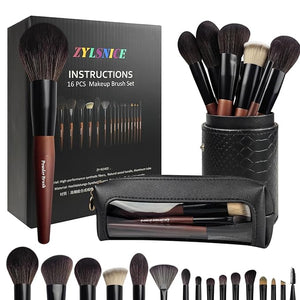 Makeup Brushes 16 Pcs Makeup Brush Set Professional Wood Handle Travel Make Up Brushes Set with Case Premium Cruelty-Free Synthetic Fiber Hair Makeup Brush Kit with Holder