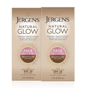 Jergens Natural Glow Face Self Tanner Lotion with SPF 20 Sunless Tanning Medium to Deep Skin Tone Moisturizer Daily Facial Sunscreen Oil Free Broad Spectrum UVA and UVB Protection2 Oz(Pack of 2)