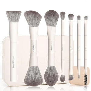 LULUCOLORS-Dual-Ended Makeup Brush Set with Sponge &amp Travel Case-13 Kinds of Multi-Functional Brushes for Face &amp Eyes ? Soft Bristles Easy Travel Brush Set (Cream White)